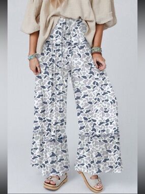 Wide Leg Ruffle Hem Pants in Light Grey Camouflage